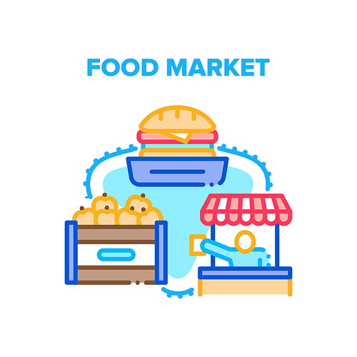 Food Market Vector Icon Concept. Food Market Counter And Tent, Delicious Fresh Fruit Package And Burger Fat Unhealthy Meal. Seller Selling Eatery Nutrition Product Color Illustration