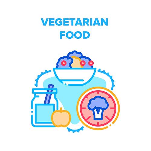 Vegetarian Food Vector Icon Concept. Natural Fruit Juice Bottle, Healthcare Broccoli Vegetable And Delicious Healthy Vitamin Salad Plate Vegetarian Food. Organic Nutrition Color Illustration