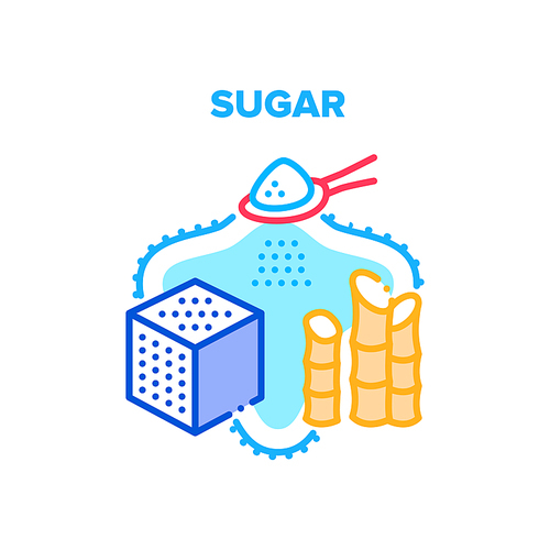 Sugar Vector Icon Concept. Sugar Cube And Sand Heap On Spoon, Castor And Sugarcane Plant. Unhealthy Product, Sweet Ingredient For Drink Or Bakery Delicious Dessert Color Illustration