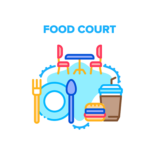 Food Court Cafe Vector Icon Concept. Food Court Table With Chairs For Eating Delicious Nutrition Burger And Drink Beverage. Kitchen Utensil Plate, Fork And Spoon Color Illustration