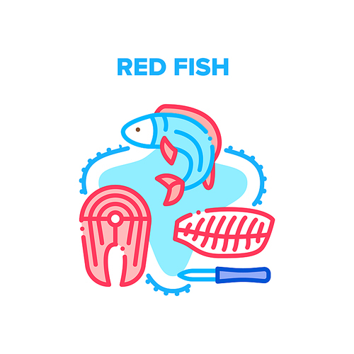 red fish meat vector icon concept. red fish salmon sliced with knife fillet and steak marine meal. delicious delicacy healthy weight loss seafood piece and kitchen utensil color illustration