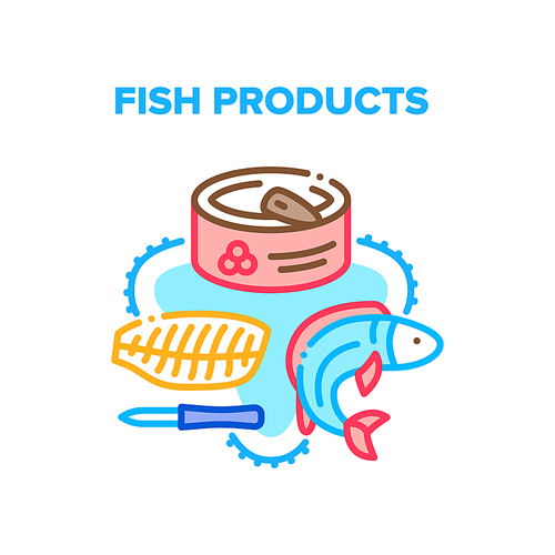 Fish Products Vector Icon Concept. Freshness Fish Fillet Meat For Cooking Tasty Dish And Caviar Product Canned Container Packaging. Appetizer And Delicious Seafood Color Illustration