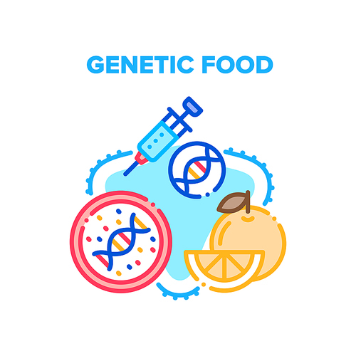 Genetic Food Vector Icon Concept. Molecular Genetic Food And Fruit, Gmo Syringe For Make Agricultural And Garden Food Dangerous For Health. Farm Agricultural Biotechnology Color Illustration