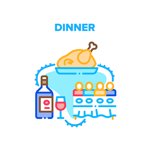 Dinner With Family At Table Vector Icon Concept. People Sitting At Desk Eating Fried Chicken, Turkey Or Duck And Drinking Wine Alcoholic Drink Together. Eating Food With Friends Color Illustration