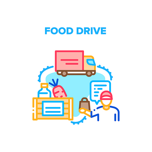 Food Drive Box Vector Icon Concept. Food Drive Truck Transportation Container With Delicious Nutrition And Drink, Vegetable And Milk Dairy Product. Delivery Service Courier Color Illustration