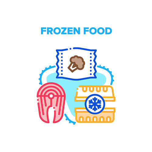 Frozen Food Vector Icon Concept. Fish Steak And Broccoli Vegetables In Bag, Container For Storaging And Carrying Frozen Food. Seafood And Healthy Nutrition Long Storage Color Illustration
