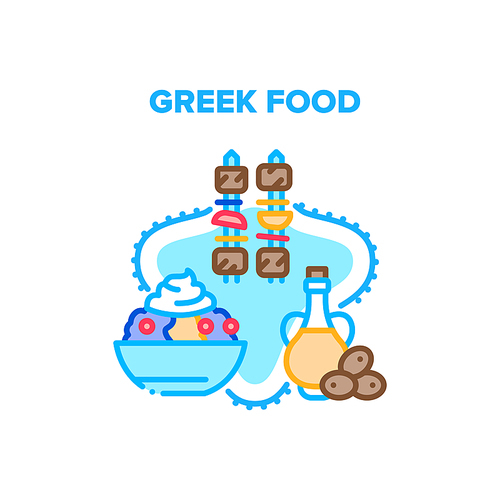 greek food eat vector icon concept. bbq fried meat with s on stick, delicious sweet dessert with cream and berries in plate and natural olive oil, greek food color illustration