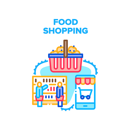 Food Shopping Vector Icon Concept. People Choosing Nutrition And Fresh Product On Grocery Counter And Putting In Shop Basket, Smartphone Application For Online Food Shopping Color Illustration