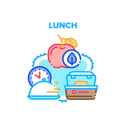 lunch dish food vector icon concept. lunch delicious and natural  fruit apple, fast delivering dish in office or home, package for carrying cooked meal. nutrition transportation color illustration