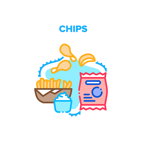 Chips Snack Vector Icon Concept. Fried Potato Chips Plate And Bag Package, Sauce For Eating Delicious Unhealthy Nutrition. Spicy Tasty Cracker Portion Packaging And Bowl Color Illustration