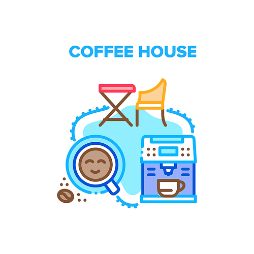 coffee house vector icon concept. coffee house machine for make energy hot drink and cafe table with chair for eating breakfast and  aromatic morning beverage color illustration