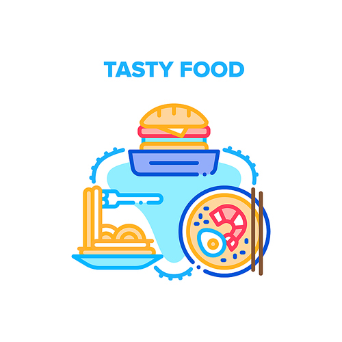 Tasty Food Meal Vector Icon Concept. Burger Sandwich, Spaghetti Plate And Fresh Cooked From Seafood Shrimp And Eggs Delicious Soup, Restaurant And Cafe Tasty Food Color Illustration