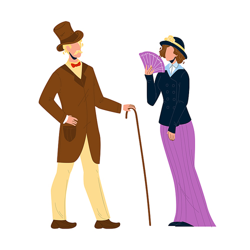 1900 Victorian People Lady And Gentleman Vector. Victorian Style Couple Man With Cane And Woman With Fan In Retro Clothes. Characters Elegant Vintage Clothing Flat Cartoon Illustration