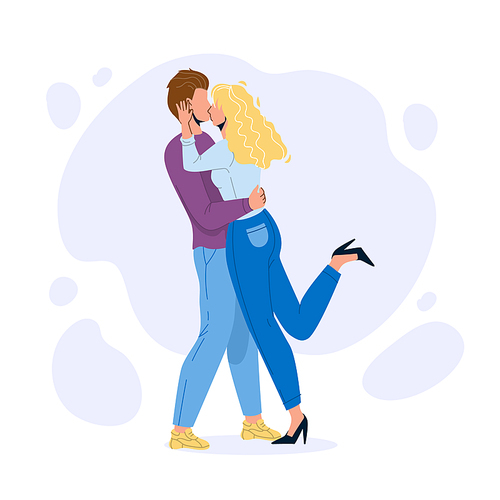 Couple In Love Embracing And Kiss Together Vector. Young Man And Woman Love Embrace And Kissing. Characters Boyfriend And Girlfriend Romantic Relationship Flat Cartoon Illustration