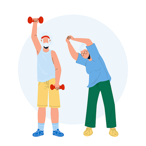 Elderly Fitness Exercising Senior Couple Vector. Old Man And Woman Make Fitness Exercise, Grandfather Working With Dumbbells And Grandmother Making Physical Jerks. Characters Flat Cartoon Illustration