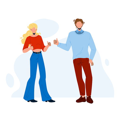 Like Gesture Showing Boy And Girl Couple Vector. Friendly Young Man And Woman Gesturing Like Together. Characters Friends Approving Or Positive Feedback Emotion Flat Cartoon Illustration