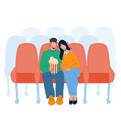 Cinema Audience Man And Woman Watching Film Vector. Boyfriend And Girlfriend Watch Romantic Or Comedy Movie In Cinema And Eating Popcorn Together. Characters Flat Cartoon Illustration