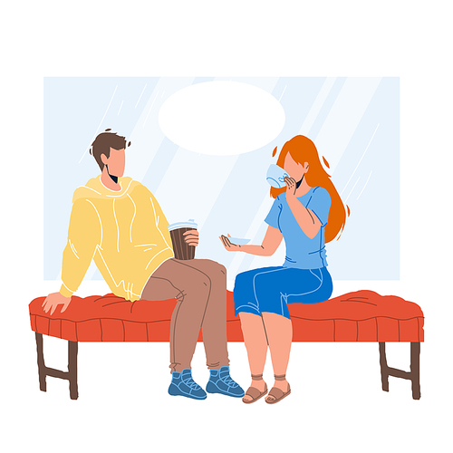 In Coffee House Customers Have Meeting Vector. Young Man And Woman Sitting In Coffee House Drinking Energy Drink And Discussing Together. Characters In Coffeehouse Flat Cartoon Illustration