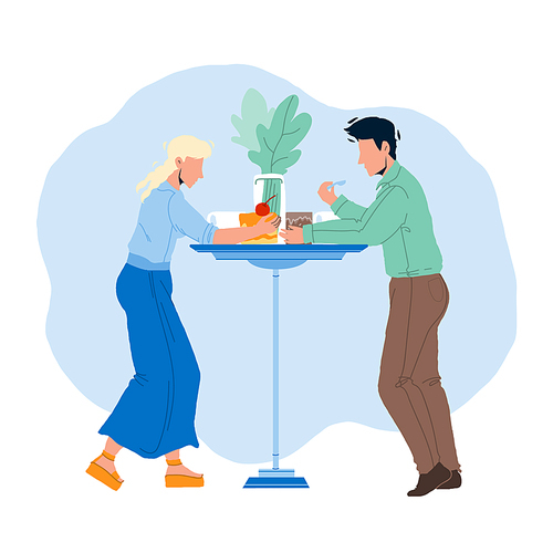 Dessert Eating Man And Woman At Cafe Table Vector. Boy And Girl Couple Eat Delicious Dessert Nutrition At Kitchen Desk. Characters With Sweet Baked Creamy Food Flat Cartoon Illustration