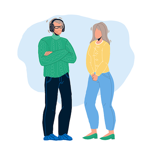 Generation X Man And Woman Staying Together Vector. White Hair Husband Listen Music In Headphones And Standing Near Wife Generation X People Couple. Characters Flat Cartoon Illustration