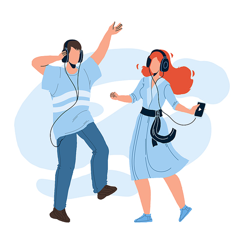 People Couple Listening Music And Dancing Vector. Young Man And Woman Listen Music In Headphones. Characters Boy And Girl With Digital Gadget Leisure Time Together Flat Cartoon Illustration