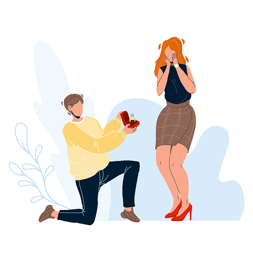 Man Proposing Beautiful Woman To Marry Vector. Young Boy Proposing Marriage Surprised Woman. Character Guy With Engagement Ring Making Proposal To Beloved Girlfriend Flat Cartoon Illustration