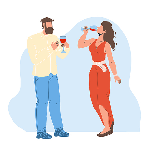 Wine Degustation Sommeliers Man And Woman Vector. Young Boy And Girl Taste And Drinking Wine And Smelling Flavor Of Alcoholic Grape Beverage. Characters With Aromatic Liquid Flat Cartoon Illustration