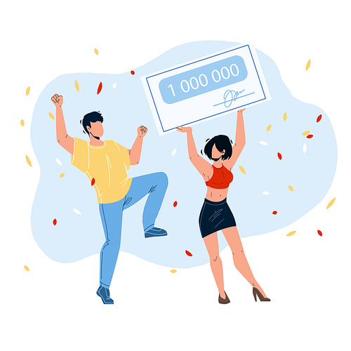 Jackpot Win Money Lucky Boy And Girl Couple Vector. Young Man Dancing And Woman Holding Check, Celebrating Jackpot Win. Characters Winning Prize In Gambling Game Flat Cartoon Illustration
