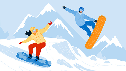 Snowboarding Sport People On Snowy Mountain Vector. Young Man And Woman Snowboarders Snowboarding On Snow Hill Together. Characters Couple Sportive Active Time Flat Cartoon Illustration