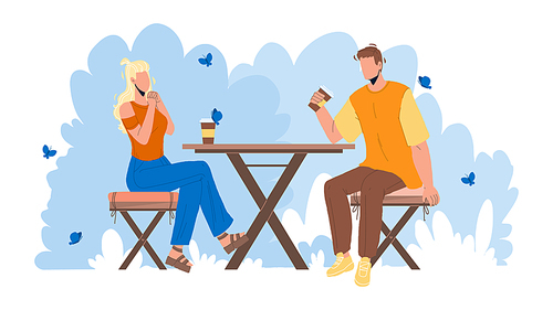 Urban Park Visitors Drink Coffee At Table Vector. Young Man And Woman Sitting On Urban Park Chairs, Drinking Energy Hot Beverage And Communicate Together. Characters Flat Cartoon Illustration