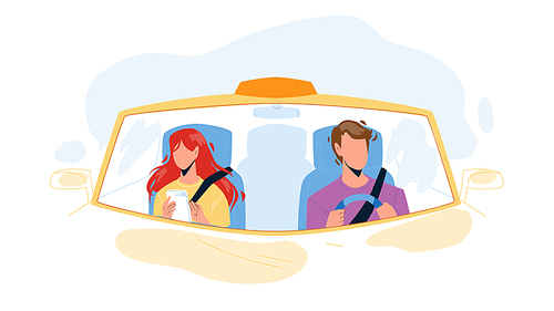 Driver Man Driving Car And Carrying Girl Vector. Driver Drive Transport With Passenger Young Woman. Characters Guy And Lady In Transport, Taxi Carry Client Flat Cartoon Illustration