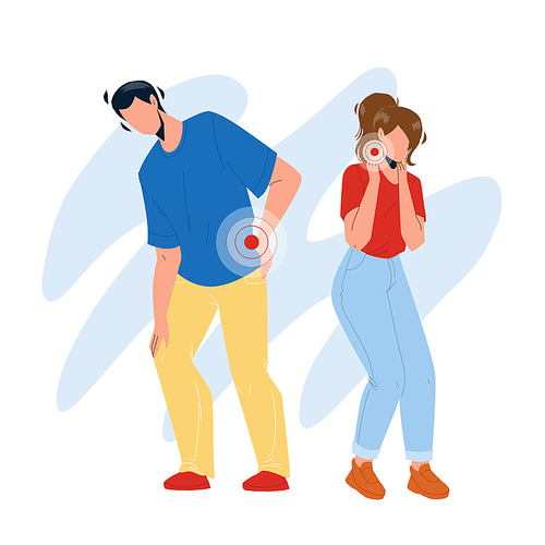 Neck And Back Pain Have Boy And Girl Couple Vector. Sadness Young Man And Woman Suffering From Body Part Pain. Characters Suffer From Health Problem And Disease Flat Cartoon Illustration