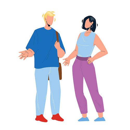 People Talking And Discussing Together Vector. Young Man And Woman People Talking, Have Funny Discussion Or Planning For Togetherness. Characters Boy And Girl Communication Flat Cartoon Illustration