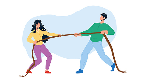 Pulling Rope Young Man And Woman Together Vector. Boy And Girl Pulling Rope, Sportive Exercise And Activity. Characters Businesspeople Competition And Exercising Flat Cartoon Illustration