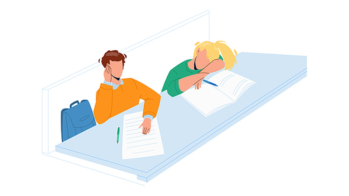 Bore Student Sitting At Classroom Table Vector. Bore Student Girl Sleeping On Desk, Napping And Boy Listening Lecture. Characters Boring Education Time In University Flat Cartoon Illustration