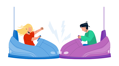 Bumper Car Attraction Enjoying Boy And Girl Vector. Children Driving Electric Bumper Car And Crashing Together In Amusement Park. Characters Leisure Active Time Flat Cartoon Illustration