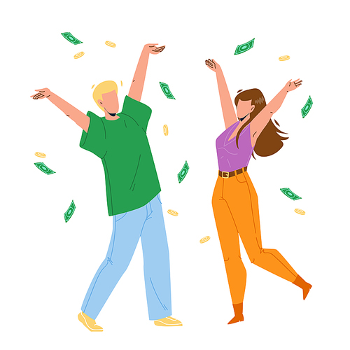 Under Money Rain Dancing Man And Woman Vector. Happiness Young Boy And Girl Dance Under Money Rain, Cash Banknotes And Coins Falling From Sky. Characters Finance Fortune Flat Cartoon Illustration