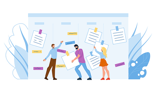 Businesspeople Agile Performing Job Tasks Vector. Men And Woman Workers Agile Taking Noted Work From Desk. Characters Employees And Sticky Papers On Kanban Board Flat Cartoon Illustration
