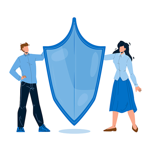 Brand Building, Trademark Or Product Name Vector. Man And Woman Designers Holding Protective Shield For Creative Brand Build. Characters Businessman And Businesswoman Flat Cartoon Illustration