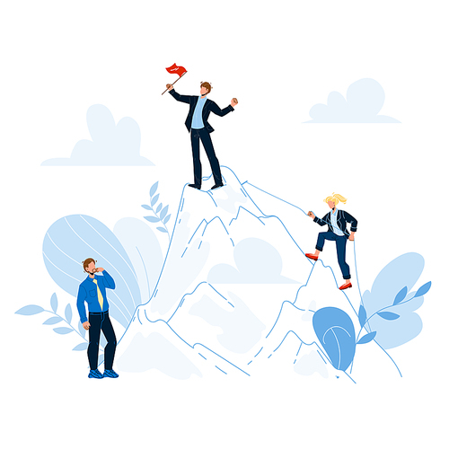 Career Growth From Clerk To Leader Chief Vector. Worker Manager, Climbing Woman And Boss On Mountain Peak With Flag, Career Growing Process. Characters Businesspeople Flat Cartoon Illustration