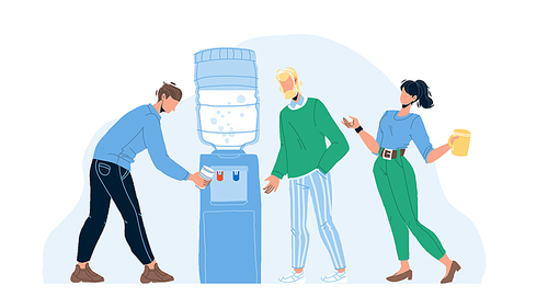 People Drinking Fresh Water From Cooler Vector. Office Colleagues Filling Cups With Hot And Cold Liquid From Cooler Equipment. Thirsty Characters Men And Woman Having Break Flat Cartoon Illustration