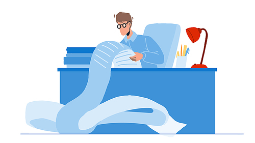 Businessman Busy With Paperwork In Office Vector. Man Accountant Paperwork, Working With Paper Documents Or Financial Report. Character Company Worker Employee Flat Cartoon Illustration