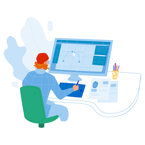 Designer Working On New Project At Computer Vector. Graphic Designer Man Work At Workspace, Drawing Creative Sketch Design. Character Creativity Idea Occupation Flat Cartoon Illustration
