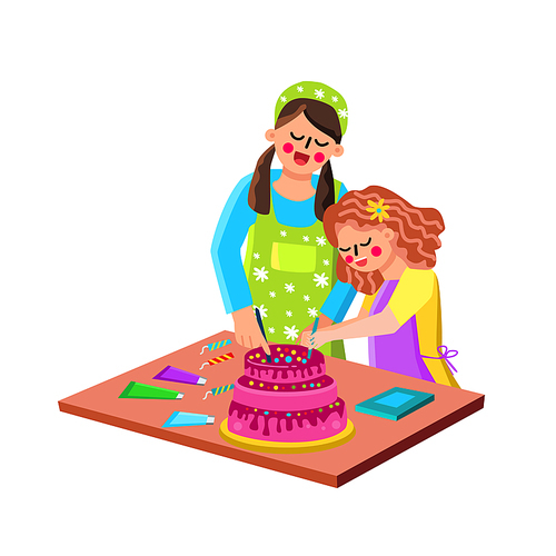 Mother And Daughter Cooking Cake Together Vector. Woman Mom Parent And Girl Child Cooking Celebration Delicious Sweet Pie. Characters Family Prepare And Decorate Tart Flat Cartoon Illustration