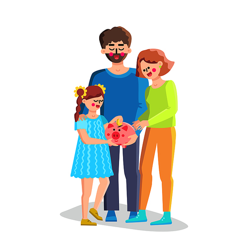 Family Money Finance Saving In Piggy Bank Vector. Happy Man Father, Woman Mother And Girl Child Save Collect Money Coin In Safe Piggybank. Characters Financial Planning Flat Cartoon Illustration