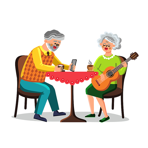 Pastime Of Senior Man And Woman Couple Vector. Elderly Grandfather Drinking Beverage And Using Smartphone, Grandmother Play On Guitar, Pastime Of Old People. Characters Flat Cartoon Illustration