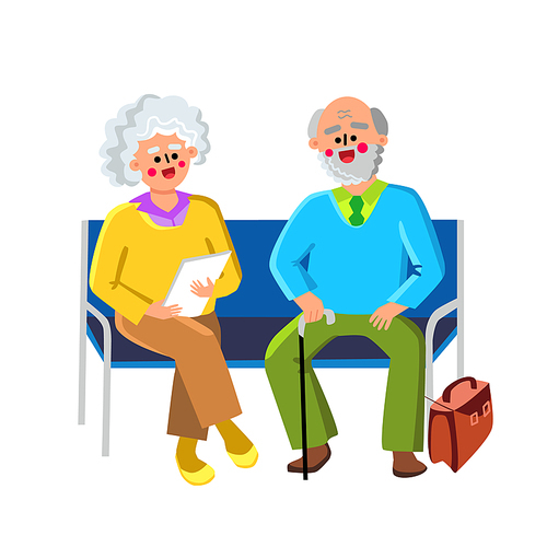 Waiting Room Sit On Chairs Elderly People Vector. Happy Senior Man And Woman Couple Sitting On Bench In Hospital Waiting Room. Old Characters Grandfather And Grandmother Flat Cartoon Illustration