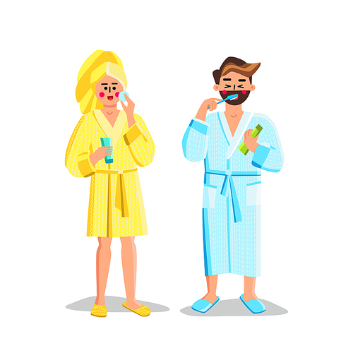 Couple Doing Morning Routine In Bathroom Vector. Man Brushing Teeth And Woman Removing Makeup From Face In Bathroom. Characters Wearing Bathrobe Have Hygiene Treatment Flat Cartoon Illustration