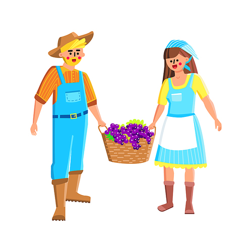Farmers Couple Harvesting Grape Together Vector. Man And Woman Farm Workers Harvesting Agricultural Berries And Carrying Basket With Harvest. Characters Gardening Flat Cartoon Illustration