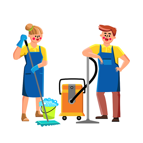 Janitor Cleaning Service Workers Couple Vector. Janitor Professional Team, Man Standing Near Vacuum Cleaner Device And Young Woman With Mop And Bucket Of Water. Characters Flat Cartoon Illustration